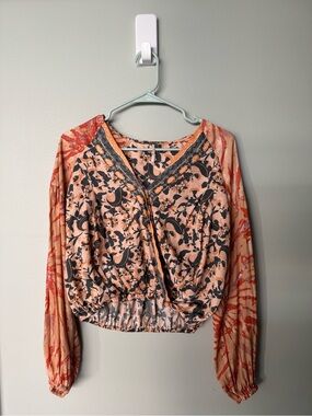 Free People Peach and gray Mixed-Print Smocked Waist Blouse